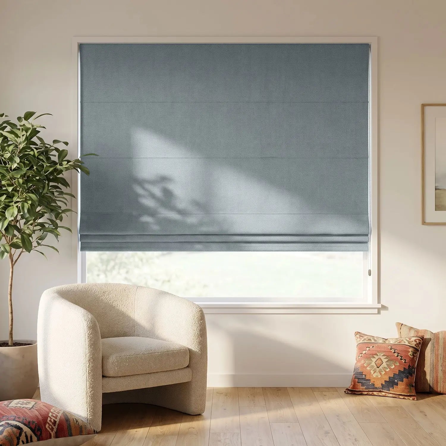 Custom Roman Shade - Mist Grey in room