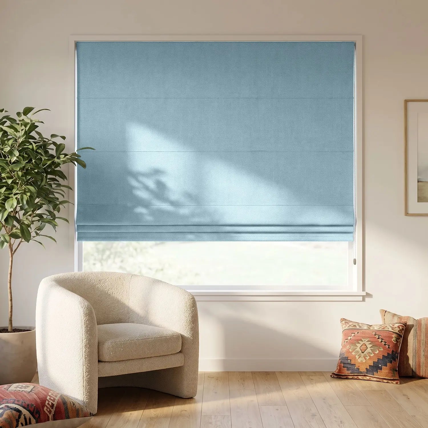 Custom Roman Shade - Aqua Mist in room