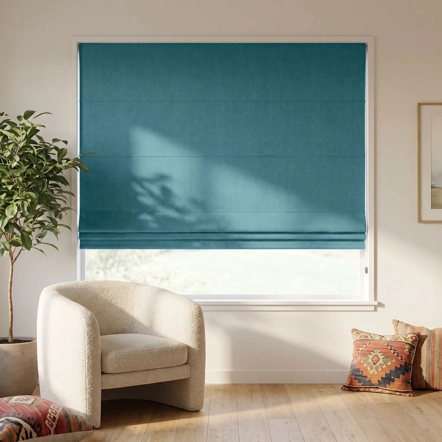 Custom Roman Shade - Lagoon Teal in room