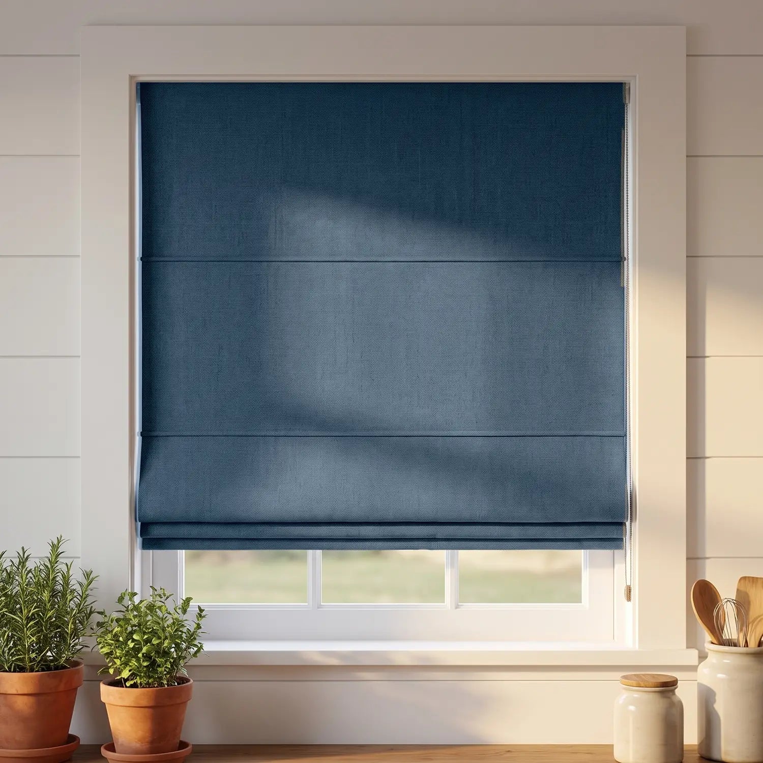 Custom Roman Shade - Cornflower Blue in room