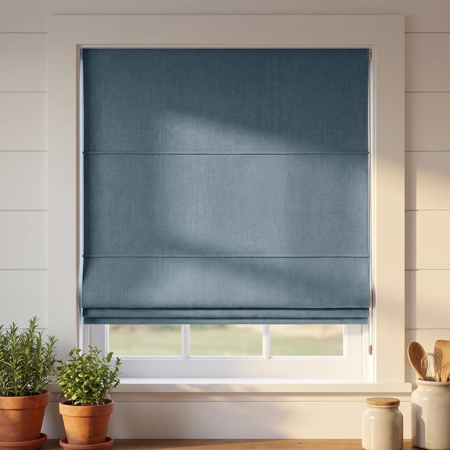 Custom Roman Shade - Sky Blue in room