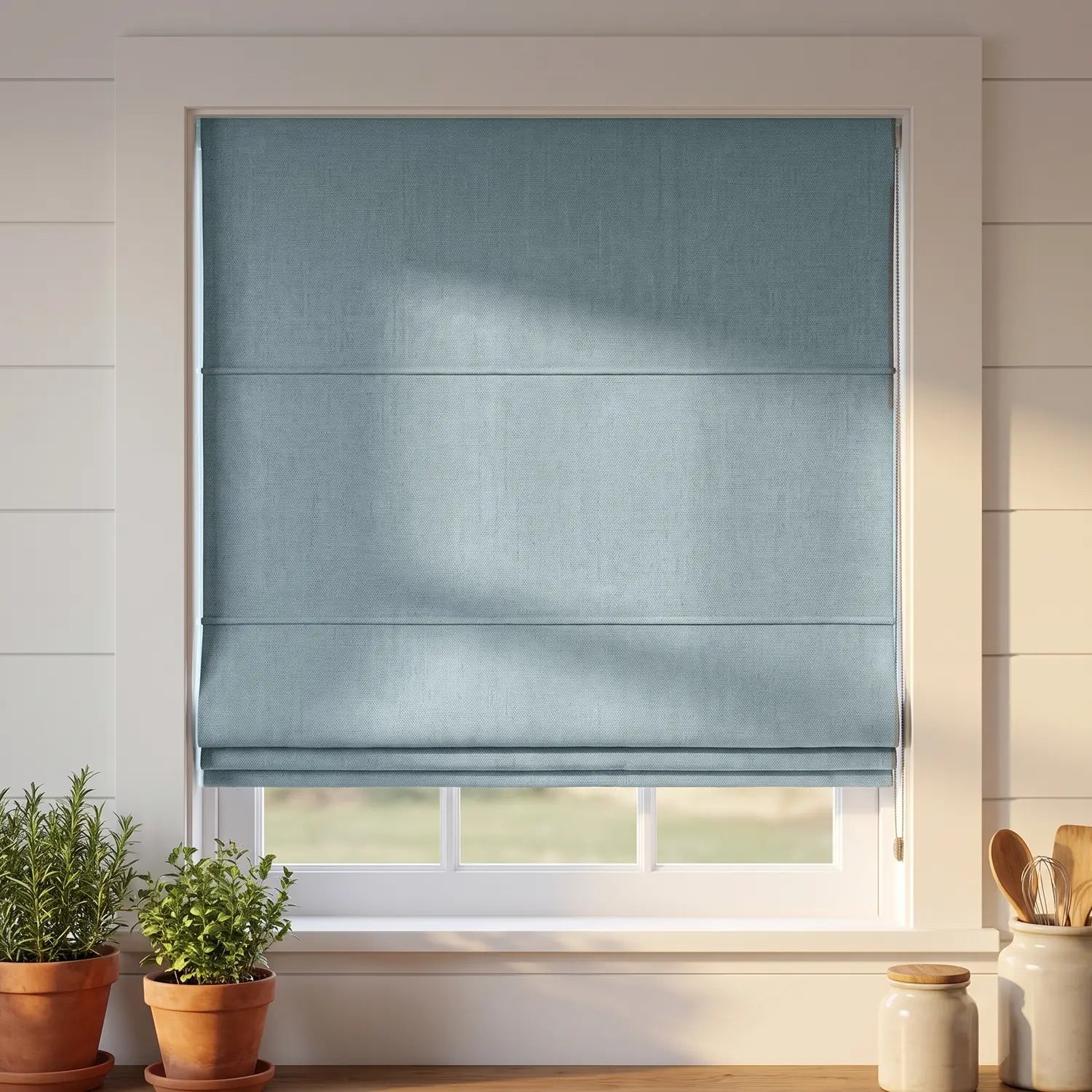 Custom Roman Shade - Aqua Mist in room