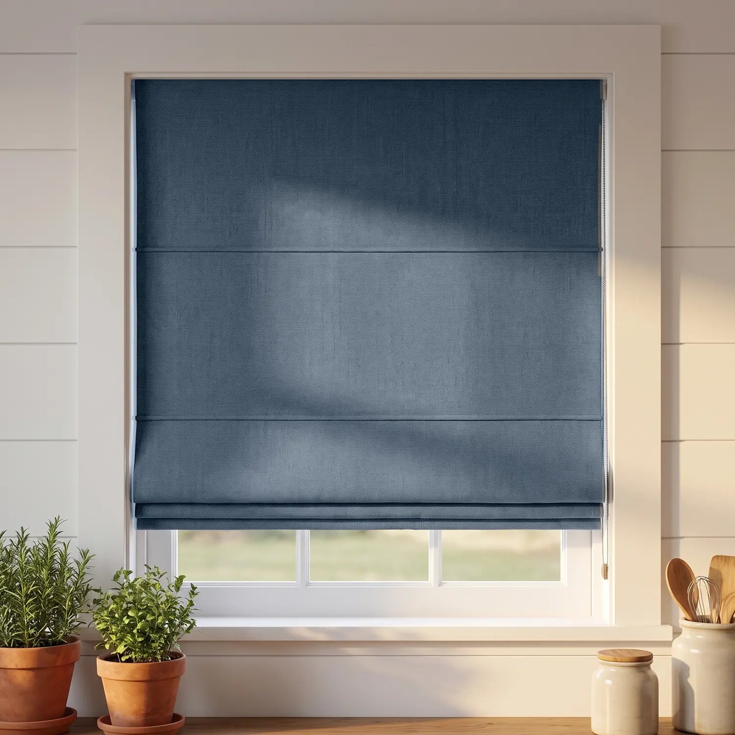 Custom Roman Shade - Dusty Blue in room