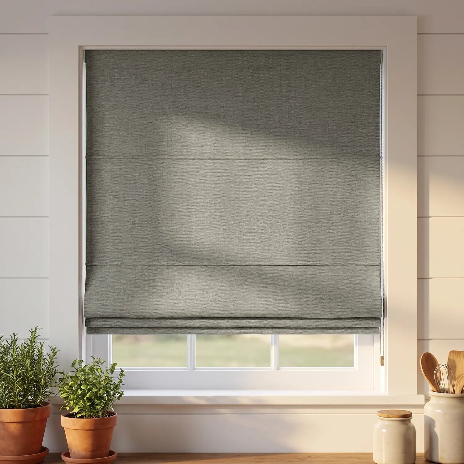 Custom Roman Shade - Khaki Stone in room