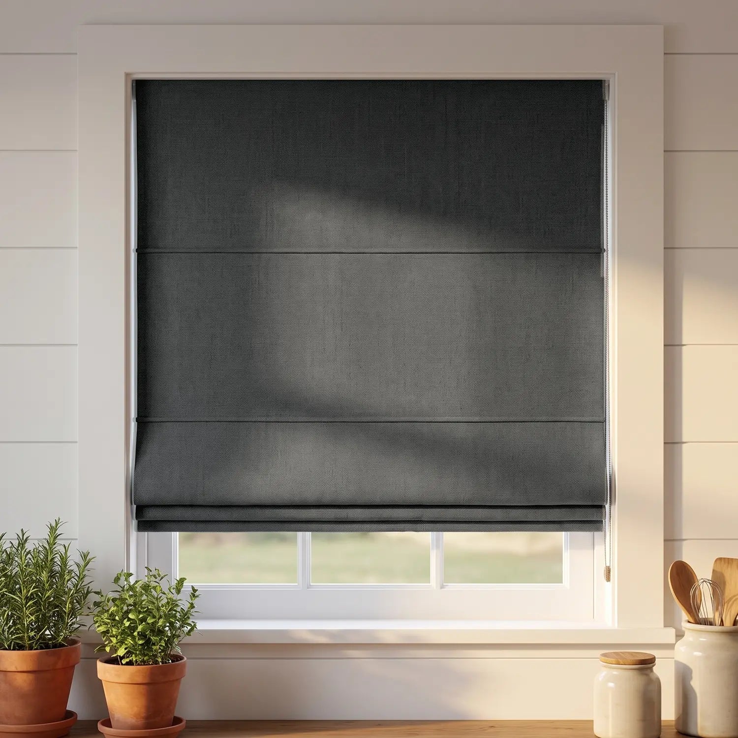 Custom Roman Shade - Slate Grey in room