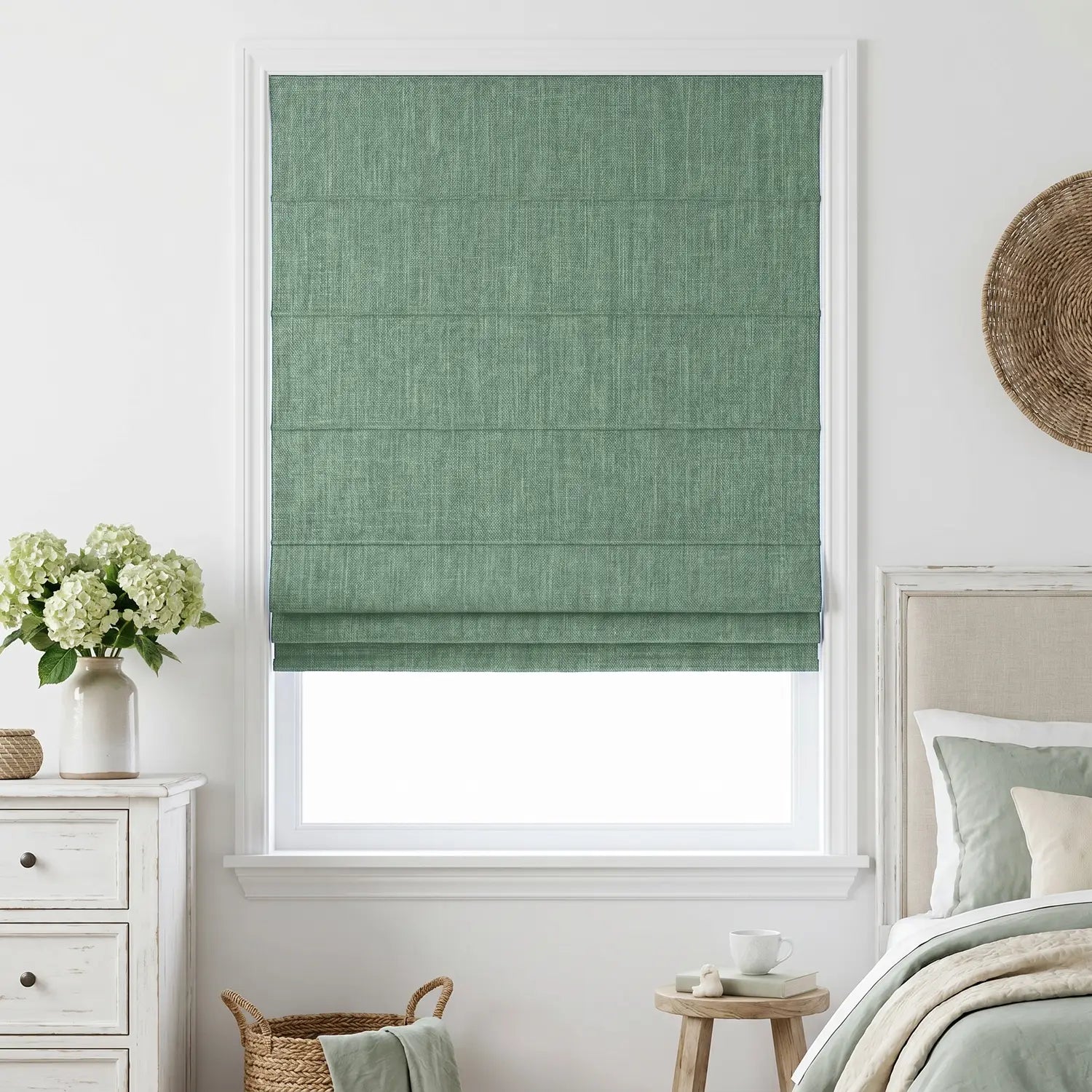 Custom Roman Shade - Pale Sage in room