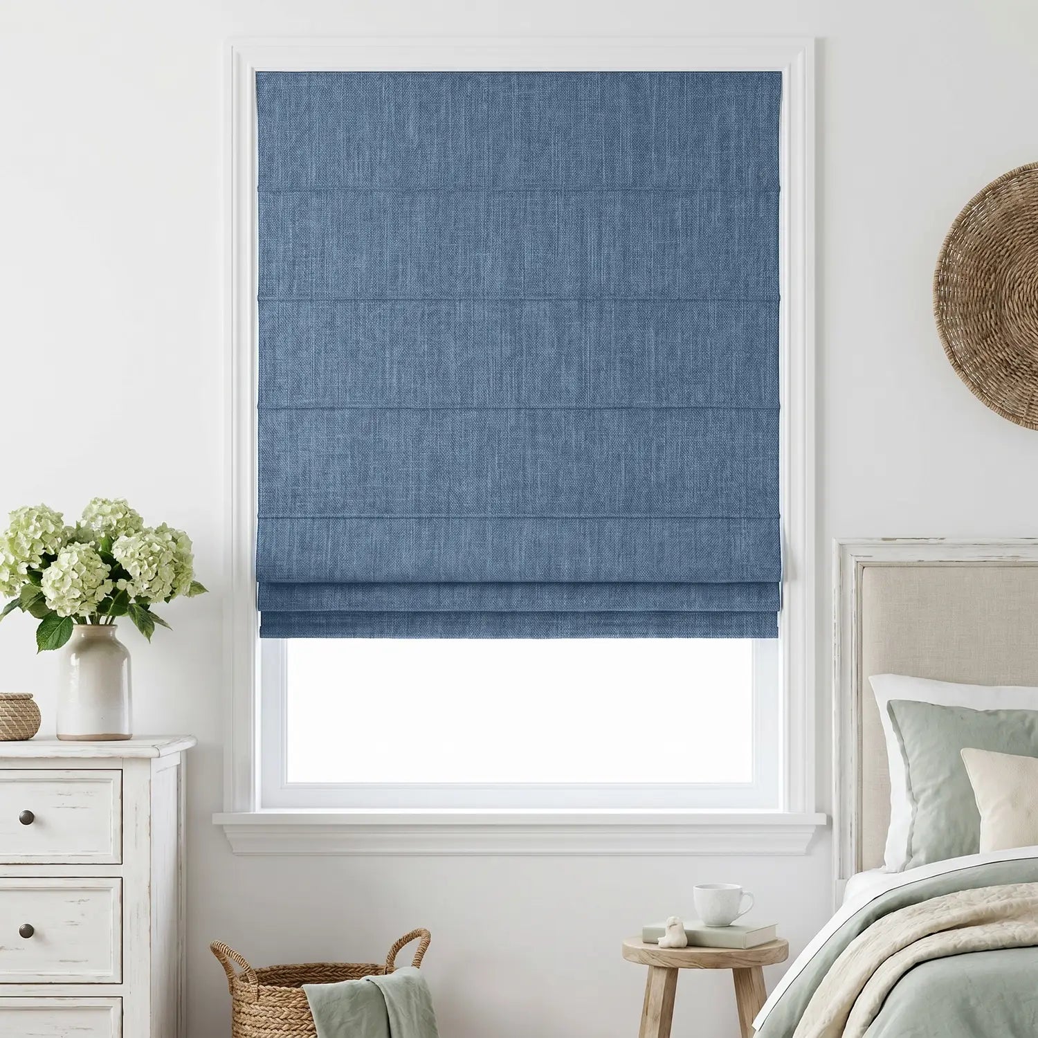 Custom Roman Shade - Sky Blue in room