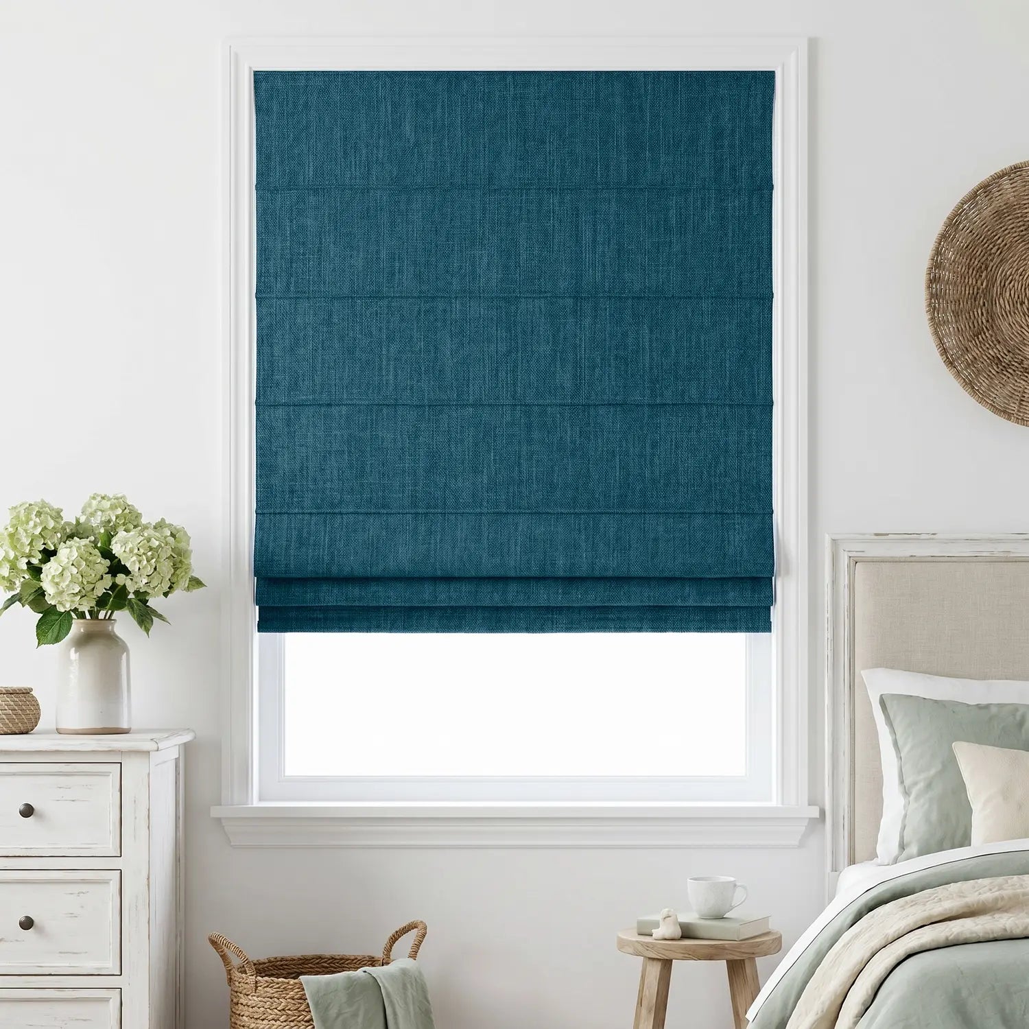 Custom Roman Shade - Aqua Mist in room
