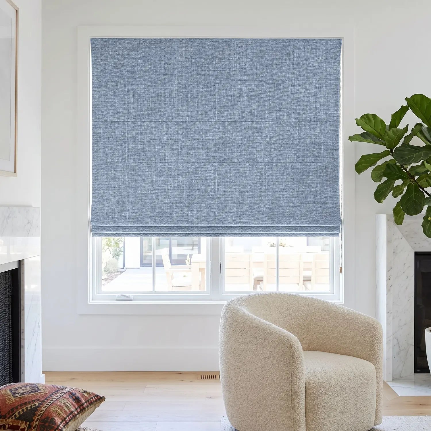 Custom Roman Shade - Powder Blue in room