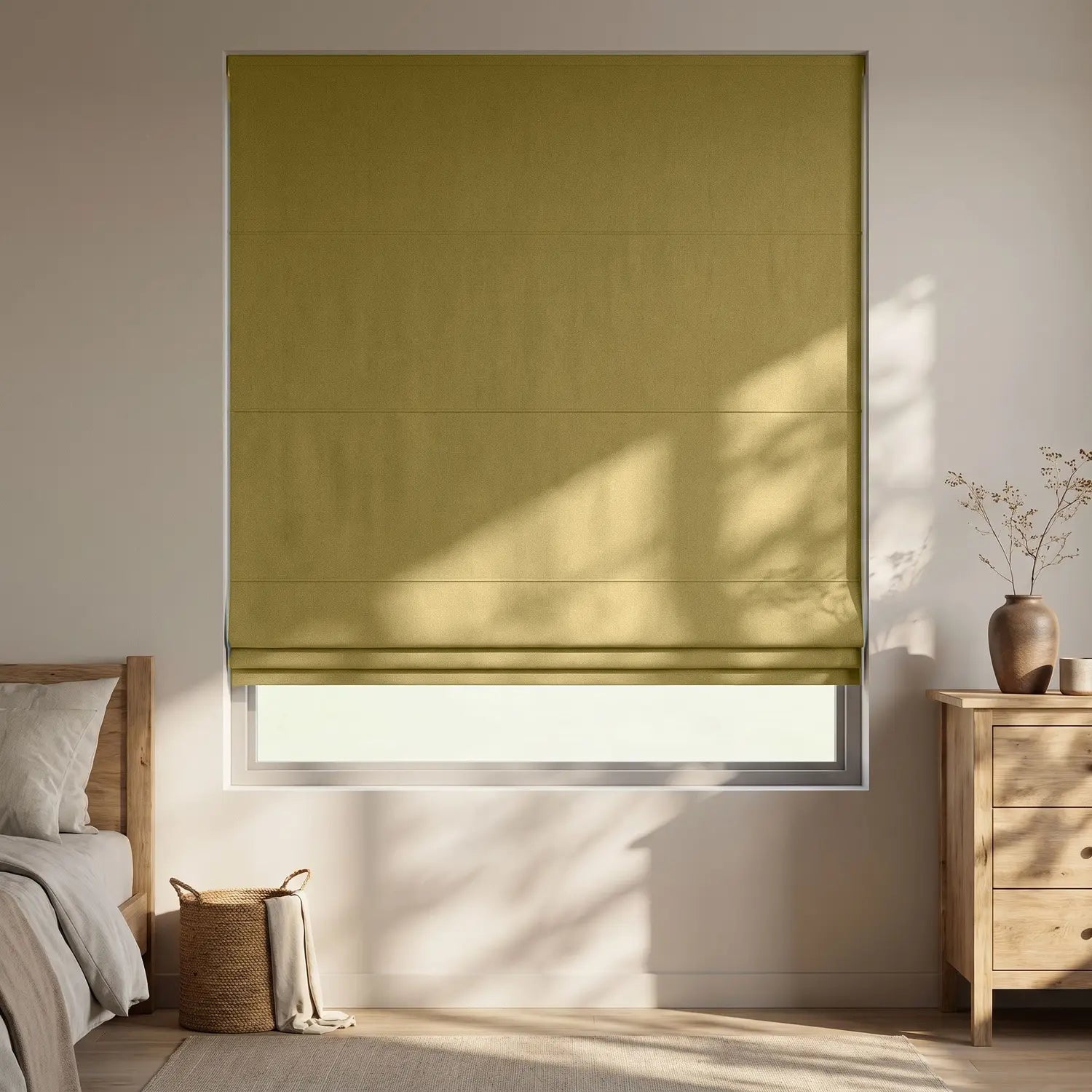 Custom Roman Shade - Caramel Brown in room