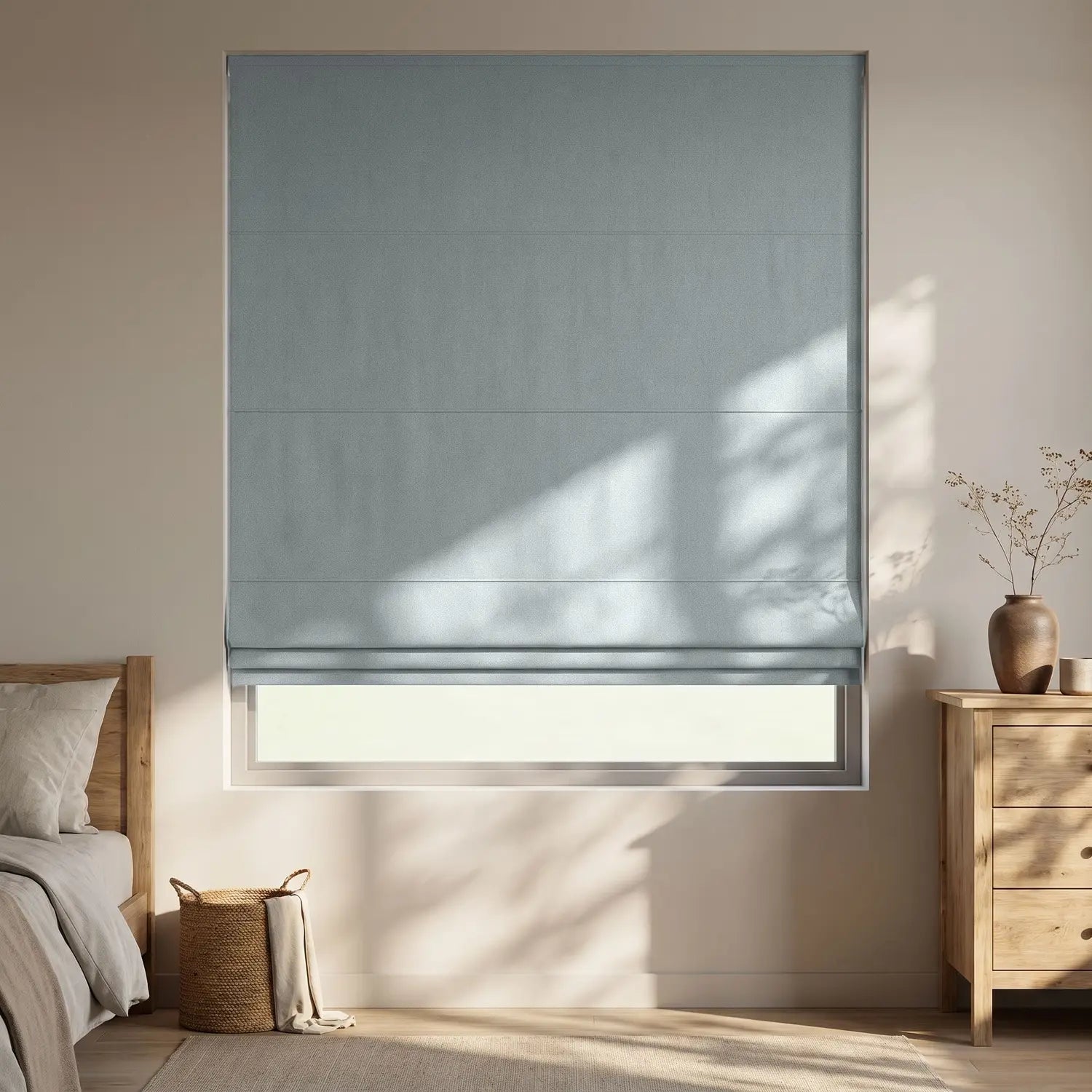 Custom Roman Shade - Mist Grey in room