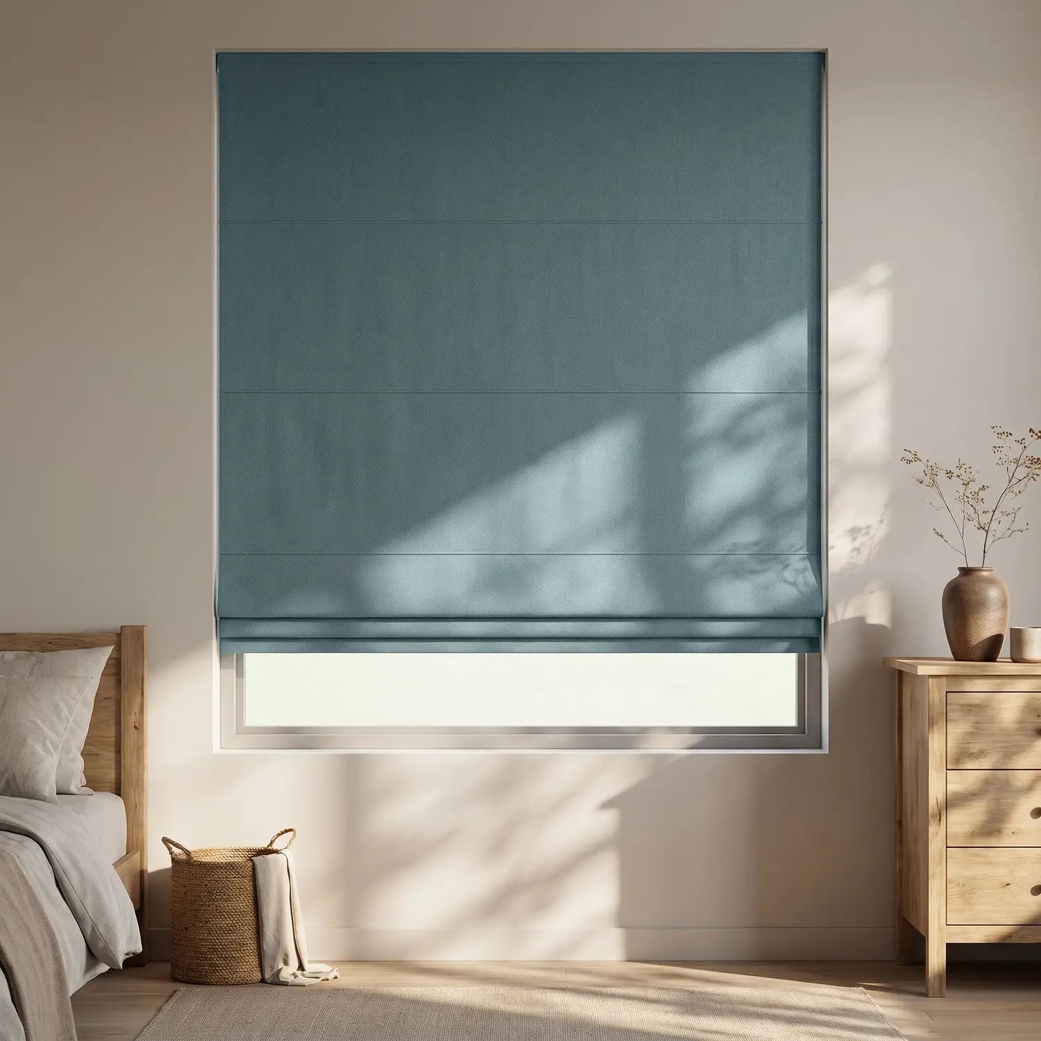 Custom Roman Shade - Smoke Grey in room