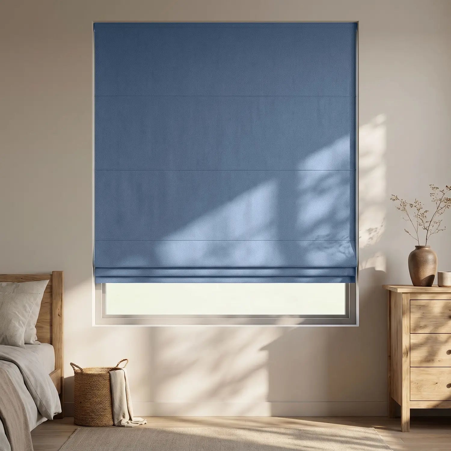 Custom Roman Shade - Sky Blue in room