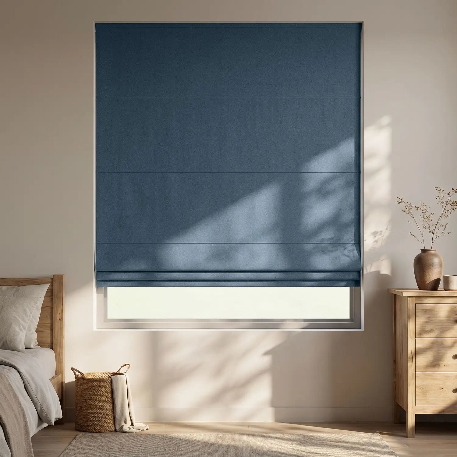 Custom Roman Shade - Dusty Blue in room