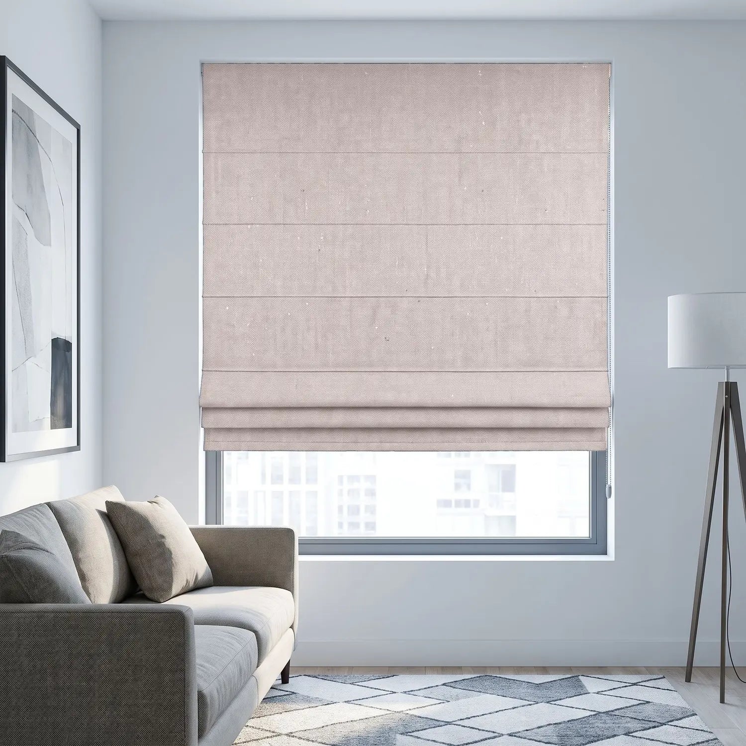 Custom Roman Shade - Blush Linen in room
