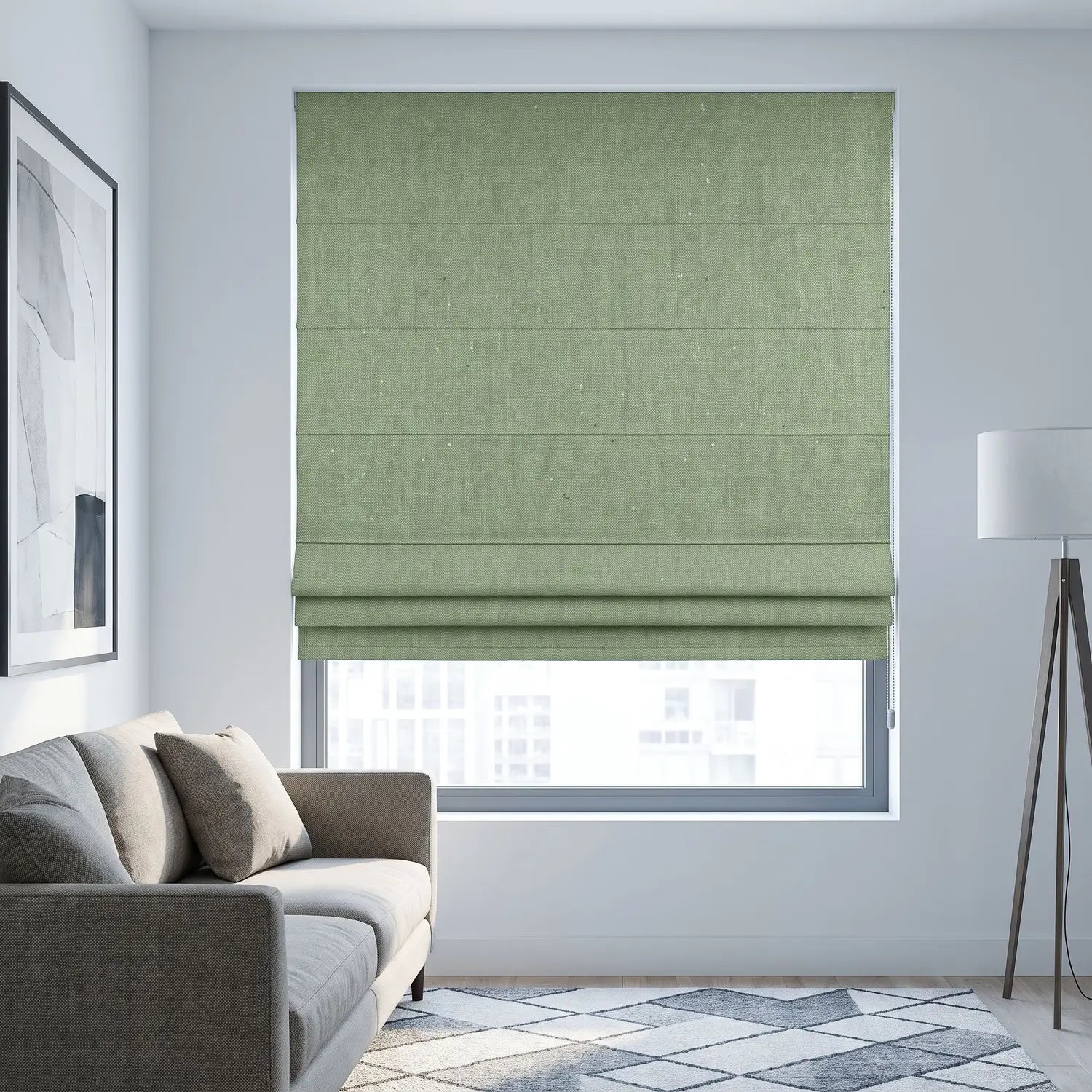 Custom Roman Shade - Sage Olive in room