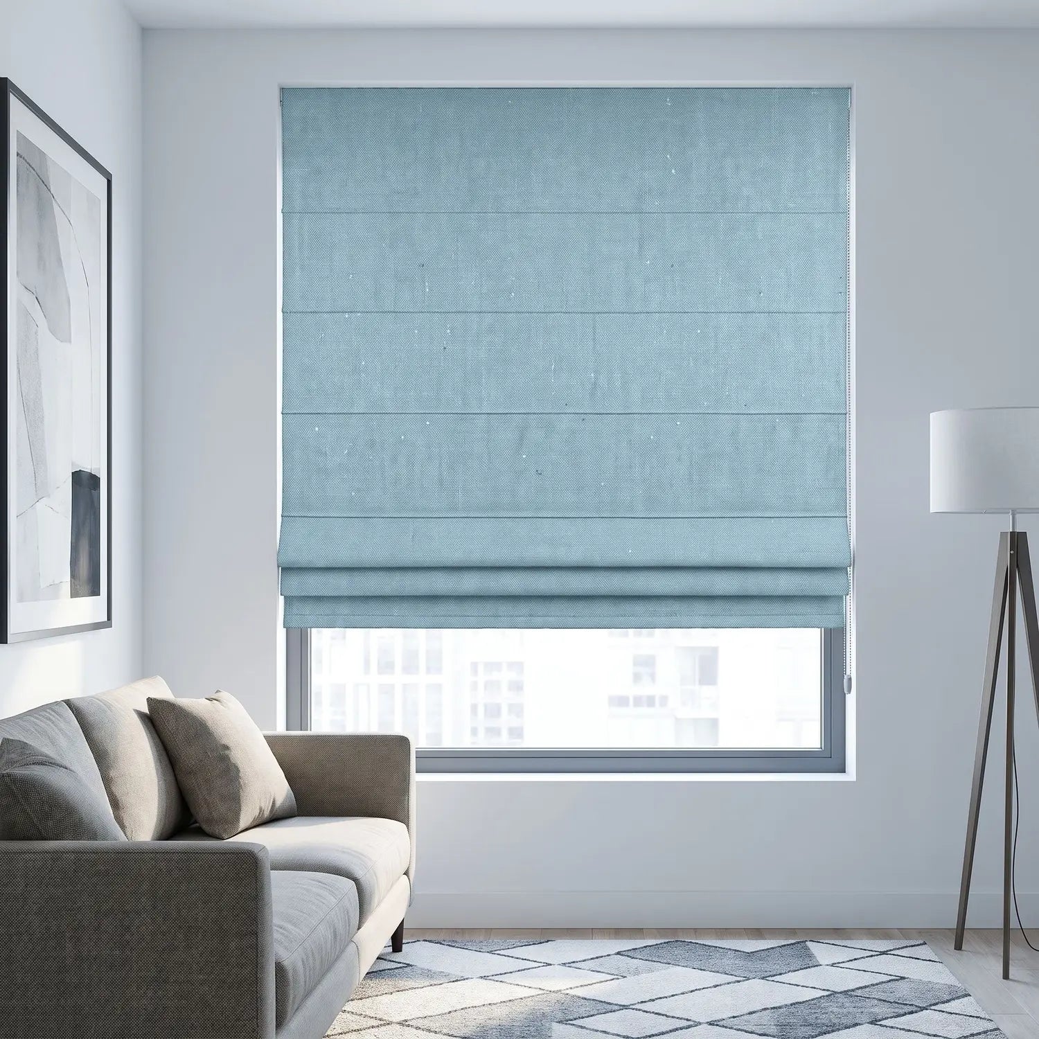 Custom Roman Shade - Powder Blue in room