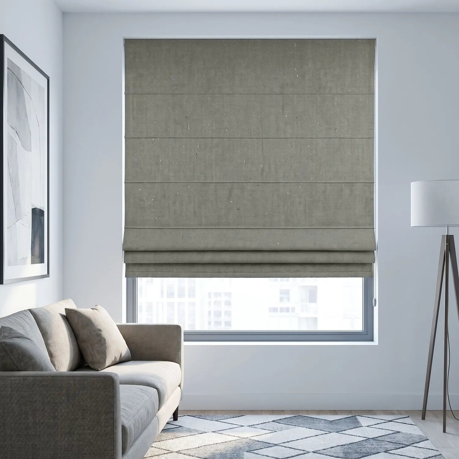Custom Roman Shade - Driftwood Grey in room