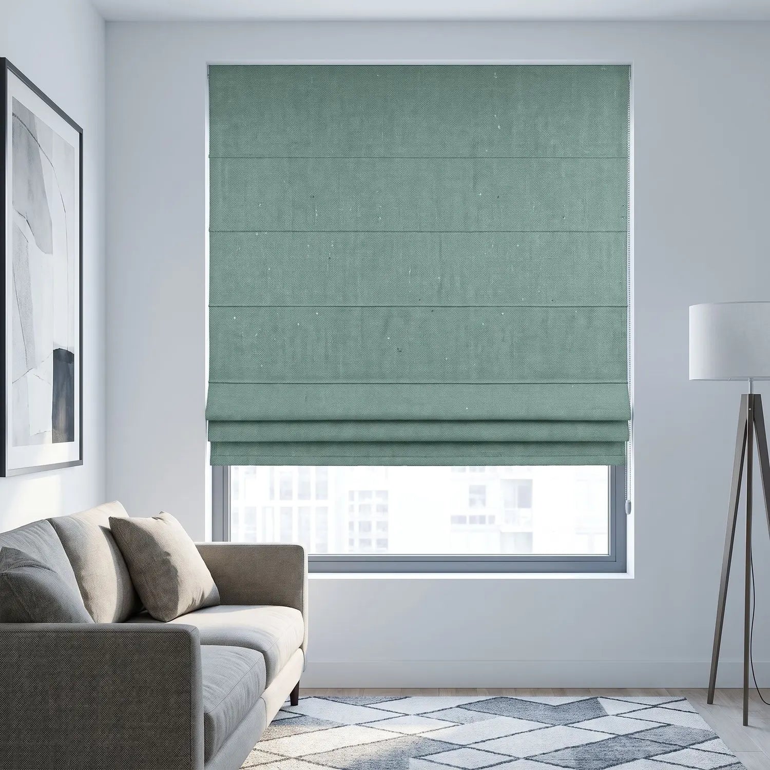 Custom Roman Shade - Eucalyptus in room