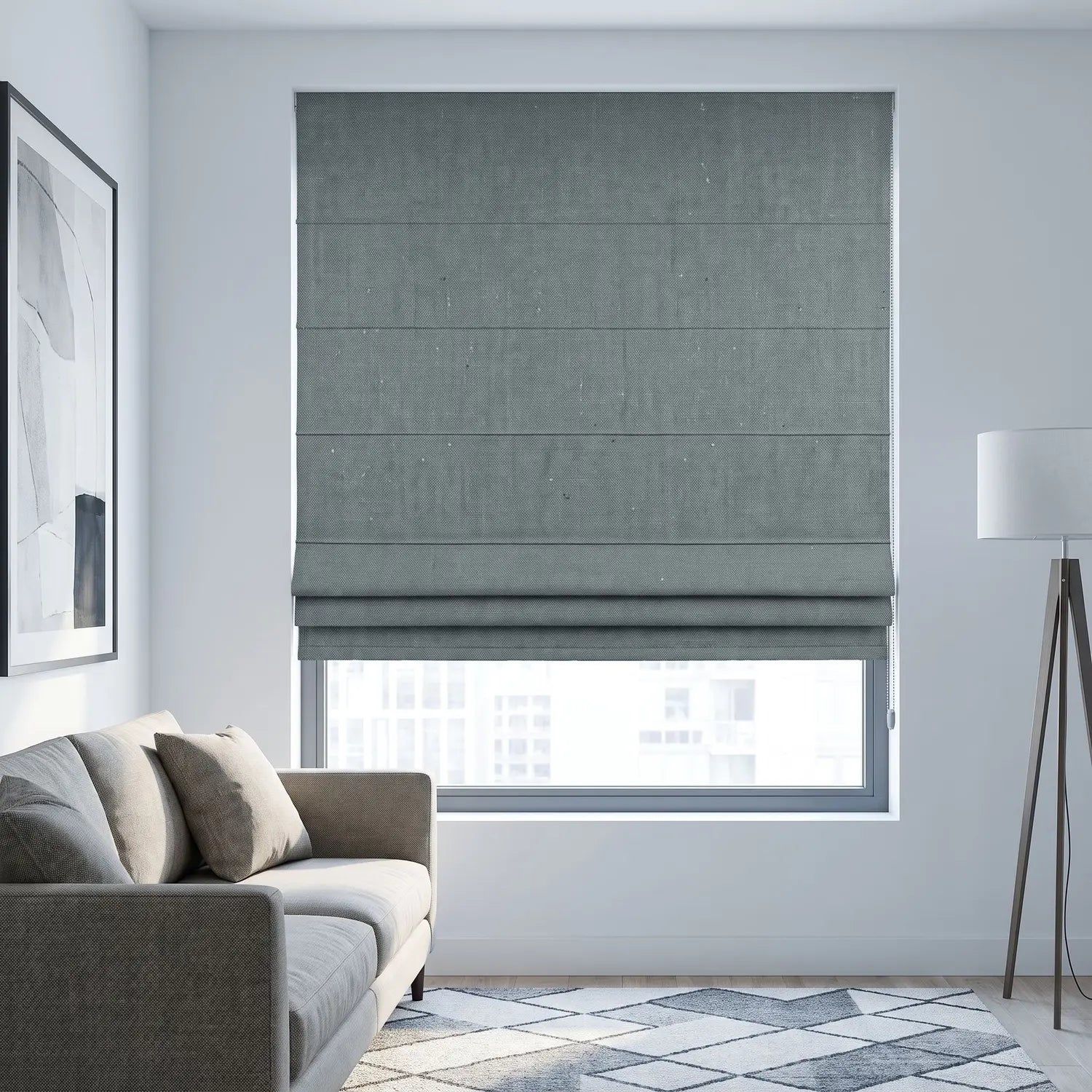 Custom Roman Shade - Pewter Grey in room
