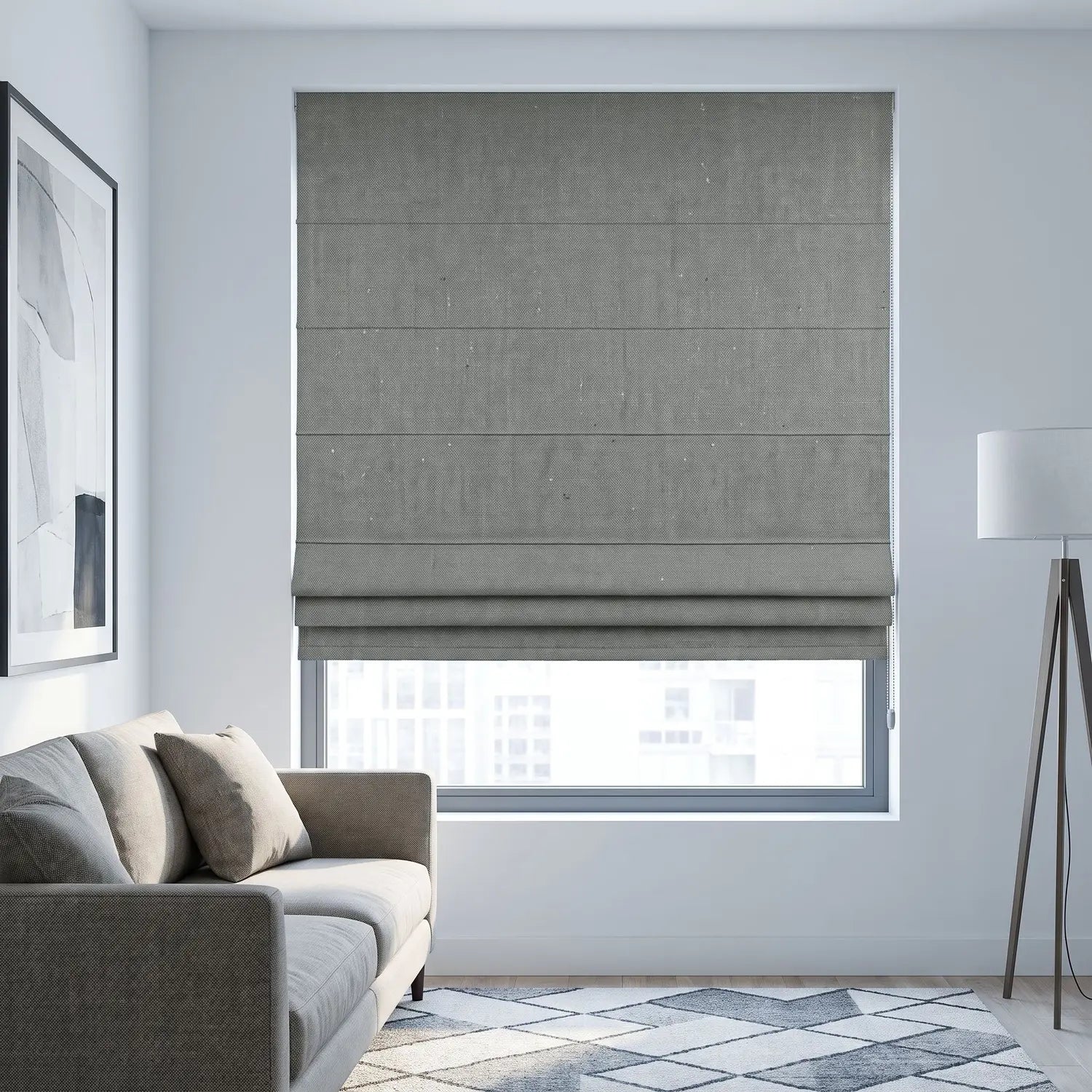 Custom Roman Shade - Stone Grey in room