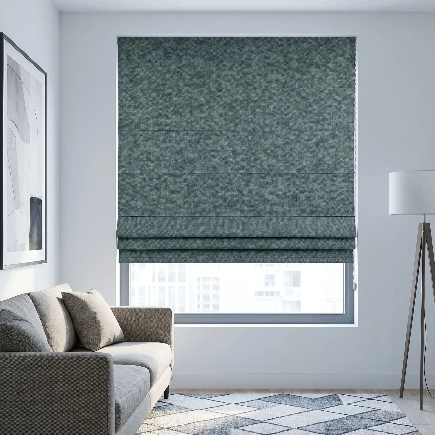 Custom Roman Shade - Deep Slate in room