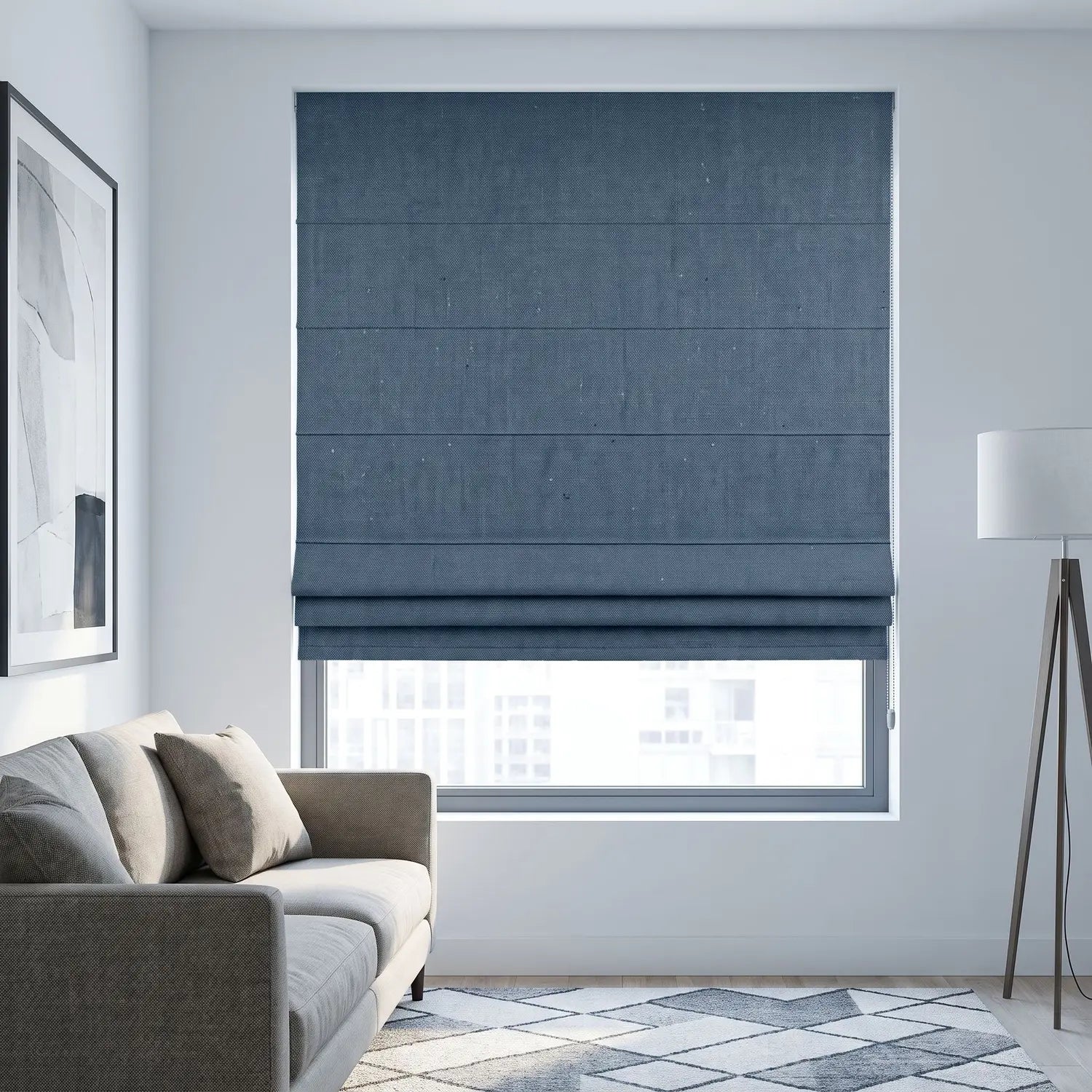 Custom Roman Shade - Denim Blue in room