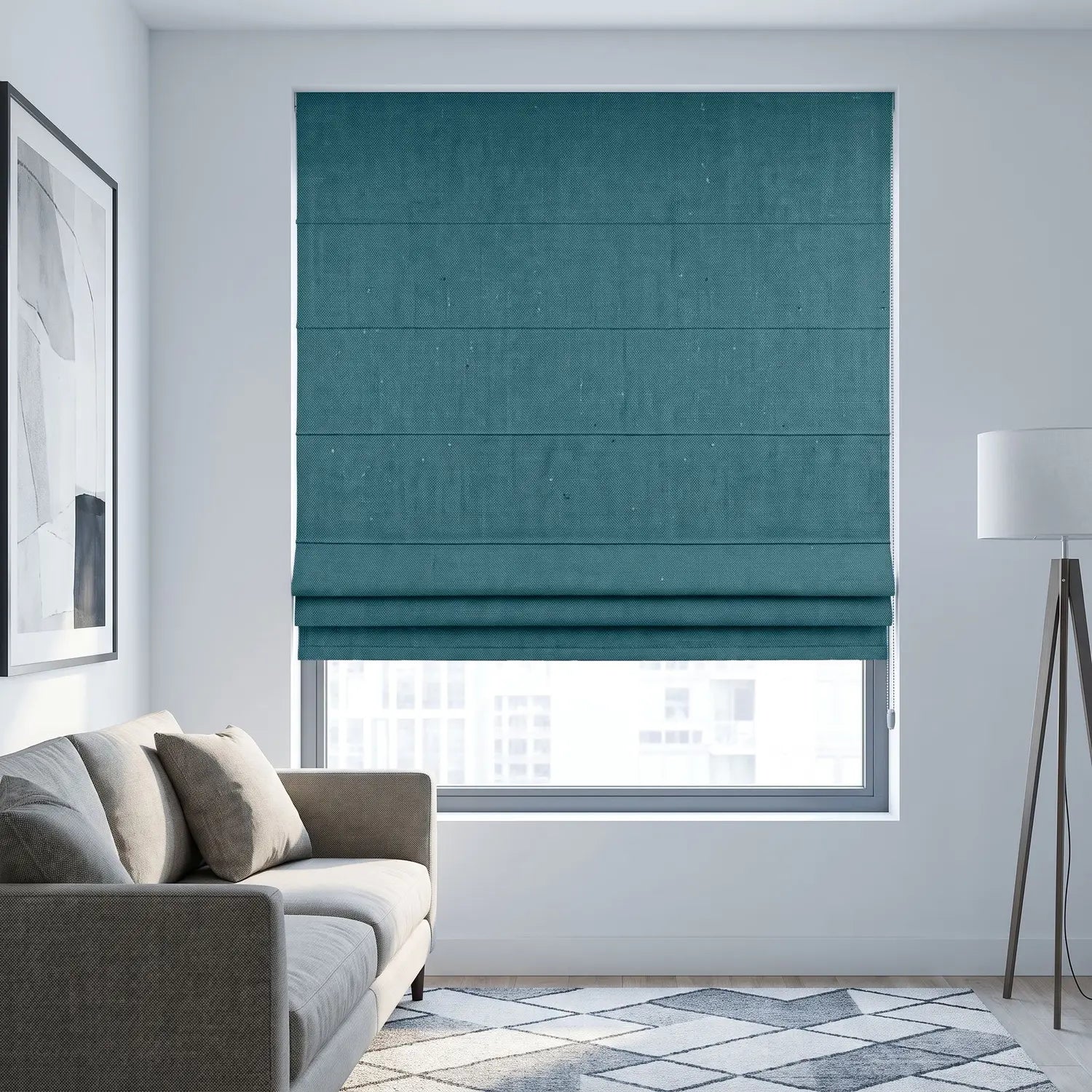 Custom Roman Shade - Deep Teal in room